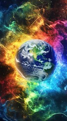 Poster - An Earth surrounded by vibrant colorful nebula and distant stars