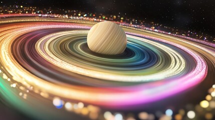 Poster - A planetary body surrounded by colorful rings in space