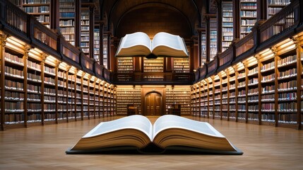 Poster - Books floating in the air on a library and shelf concept. An enchanting library with floating books in a grand setting.