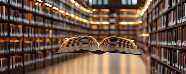 Poster - Books floating in the air with flying and education concept. An open book floating in a well-lit library full of books.