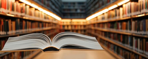 Poster - Books floating in the air with flying and education concept. An open book in a quiet library surrounded by shelves of books.