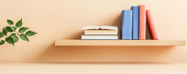 Poster - Books floating in the air on a library and shelf concept. A cozy shelf with colorful books and a green plant accent.