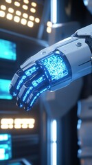Poster - An illuminated robotic hand with digital display and futuristic design