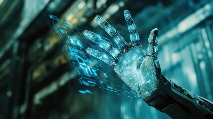 Poster - A futuristic robotic hand interacts with a digital interface