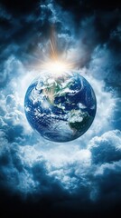 Wall Mural - earth is surrounded by beautiful clouds and shining sunlight above