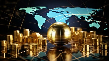 Aufkleber - Global Wealth: A conceptual artwork showcasing a lustrous golden globe encircled by stacks of gold bars, interwoven with a digital network of the world.
