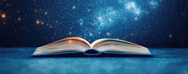 Poster - Open book under starry sky symbolizing learning and cognition concept. An open book under a starry sky, symbolizing knowledge and dreams.
