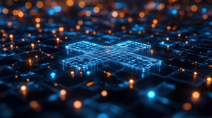 Aufkleber - Futuristic glowing X hologram on a dark background with abstract network and circuit patterns, surrounded by glowing particles