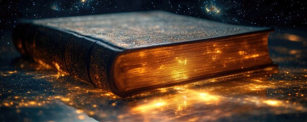 Poster - Open book under starry sky expanding cognition of space concept. A mystical book radiating light against a starry background.