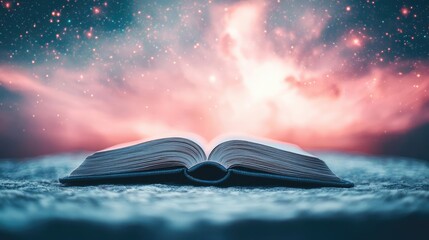 Poster - Open book under starry sky expanding cognition of space concept. An open book revealing a cosmic background of stars and colors.