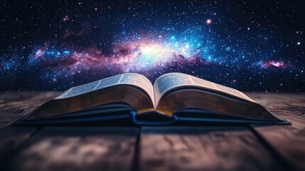 Poster - Open book under starry sky symbolizing learning and cognition concept. An open book against a cosmic starry background evokes wonder.