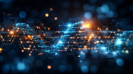 Aufkleber - Abstract digital background featuring glowing lines, data connections, and bokeh lights on a dark blue and orange backdrop