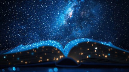 Poster - Open book under starry sky symbolizing learning and cognition concept. An open book reveals a starry night sky, igniting imagination.