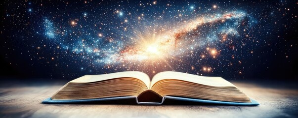 Poster - Open book under starry sky with galaxy and cognition concept. Open book revealing a cosmic universe with vibrant colors.