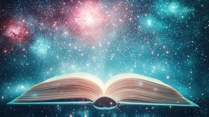 Poster - Open book under starry sky symbolizing learning and cognition concept. An open book floats amidst a colorful cosmic background.