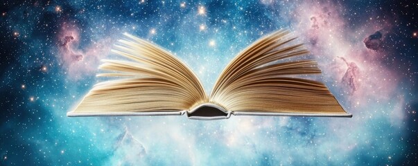 Poster - Open book under starry sky symbolizing learning and cognition concept. An open book floating in a cosmic space filled with stars.