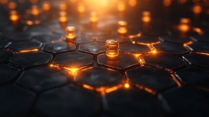 Aufkleber - Futuristic glowing hexagonal grid pattern with black and orange lights creating a digital technology background