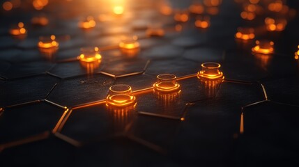 Aufkleber - Futuristic glowing hexagonal grid pattern with black and orange lights creating a digital technology background