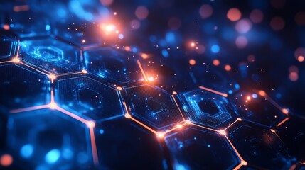 Aufkleber - Futuristic glowing hexagonal grid pattern with blue and orange lights creating a digital technology background