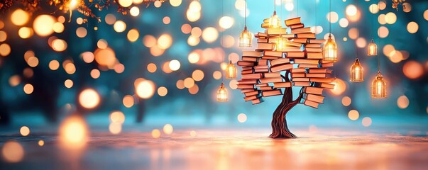 Leinwandbilder - Books floating in the air with flying and education concept. Whimsical tree of books illuminated by glowing lanterns.