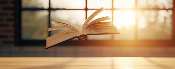 Aufkleber - Books floating in the air on a library and shelf concept. An open book floating above a table, illuminated by sunlight.