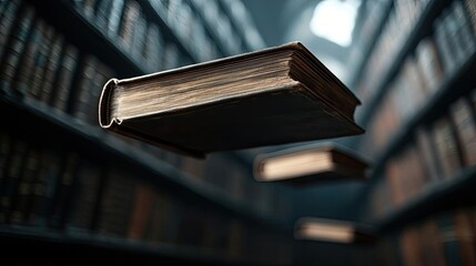 Poster - Books floating in the air with flying and education concept. Floating books in a mystical library filled with knowledge.