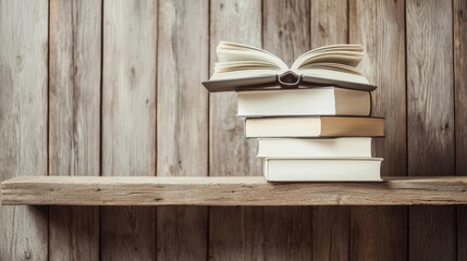 Poster - Books floating in the air on a library and shelf concept. An open book resting on a stack of books against a wooden backdrop.