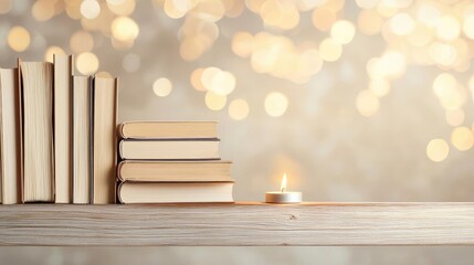 Poster - Books floating in the air on a library and shelf concept. Cozy books on a shelf with a candle and soft bokeh light.