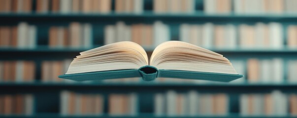Poster - Books floating in the air with flying and education concept. An open book floating in front of a blurred library background.