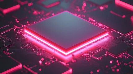 Poster - Futuristic AI chip glowing on a computer motherboard surrounded by data particles
