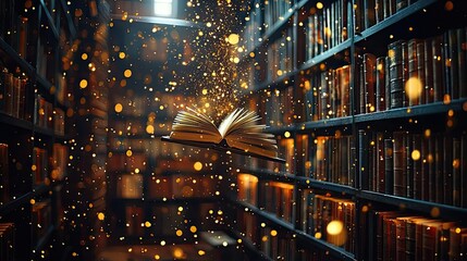 Poster - Books floating in the air on a library and shelf concept. An enchanting library with a glowing book in mid-air.