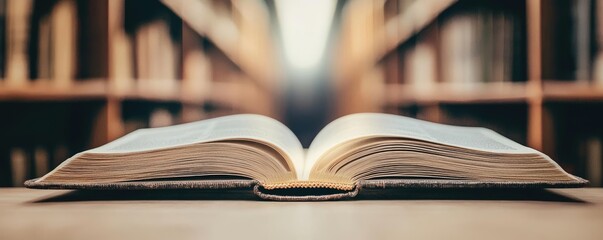 Poster - Books floating in the air on a library and shelf concept. Open book on a table with bookshelves in the background.
