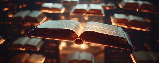 Poster - Books floating in the air with a focus on literature and cognition concept. An enchanting scene of floating books illuminating the space.