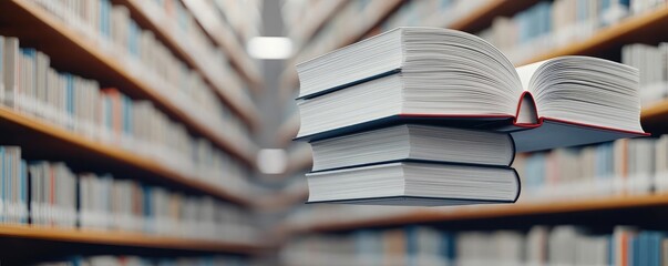 Poster - Books floating in the air with flying and education concept. A stack of books in a library, representing knowledge and learning.