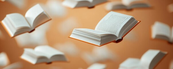 Poster - Books floating in the air on a library and shelf concept. Floating books create a magical and inspiring reading atmosphere.