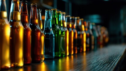Aufkleber - A row of beer bottles on a bar counter