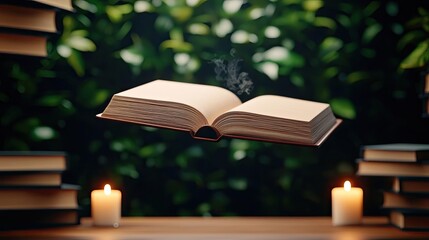 Poster - Books floating in the air with a focus on literature and cognition concept. An open book surrounded by candles and greenery, showcasing knowledge.