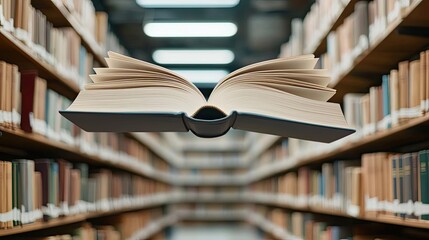 Poster - Books floating in the air with flying and education concept. A floating book in a library symbolizes the power of knowledge.