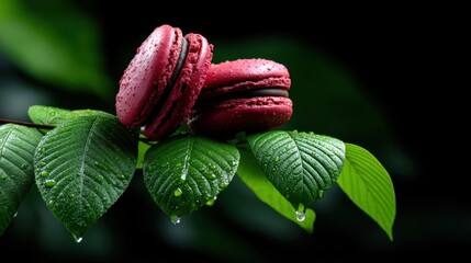 Poster - Two red macarons are sitting on a leaf