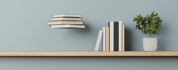 Aufkleber - Books floating in the air on a library and shelf concept. Minimalistic shelf with books and a potted plant on a wall.