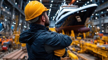 Poster - A man in a yellow helmet is standing in front of a large ship