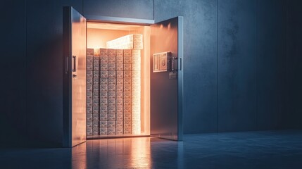 Poster - Vault door slightly open with visible currency bundles symbolizing secured finance