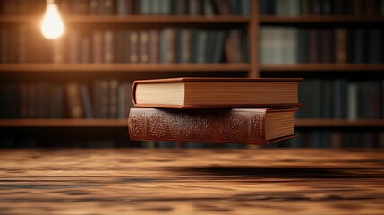 Poster - Books floating in the air with a focus on literature and cognition concept. Books floating above a wooden table with a warm light backdrop.