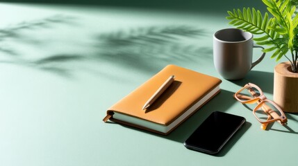 Poster - A notebook, a pen, a cell phone, and a cup of coffee sit on a table