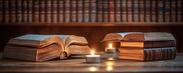 Poster - Books floating in the air with flying and education concept. A calm setting with open books and candlelight for reading.