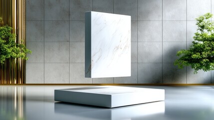 Poster - A white square is suspended in midair in a room with a wall of grey tiles