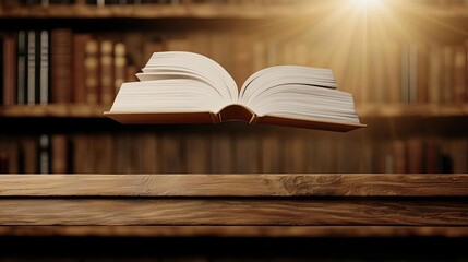 Poster - Books floating in the air on a library and shelf concept. An open book illuminated by sunlight in a cozy library setting.