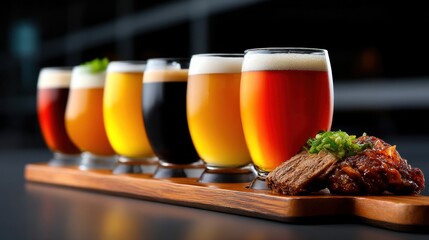 Aufkleber - A wooden tray with six glasses of beer and a plate of food