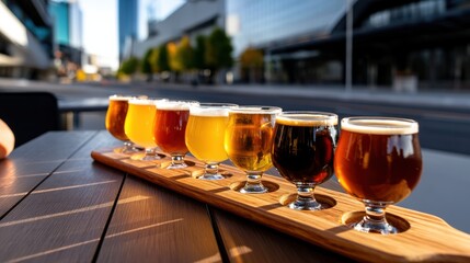 Aufkleber - A wooden tray with six different types of beer glasses on it