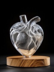 Poster - A clear glass sculpture of a heart on a wooden platform